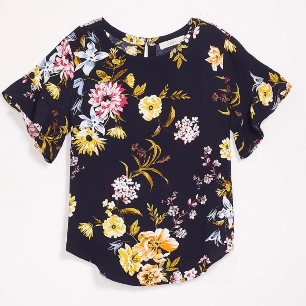 Women LOFT forever Navy Garden Flutter Sleeve Top
